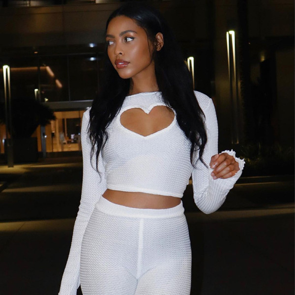 Suit solid color thin slim round neck long sleeve love heart hollow high waist straight leg tight trousers two-piece female