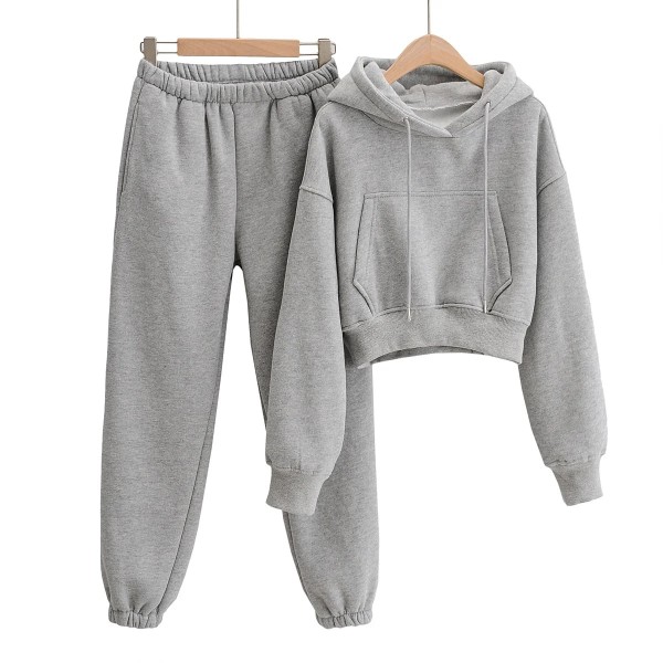 Autumn and winter models plus velvet pocket hooded short sweater women + solid color high waist loose leggings harem trousers two-piece suit