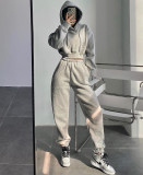 Street Hooded Short Pocket Spring and Autumn Sweater High Waist Loose Foot Sweat Pants Set