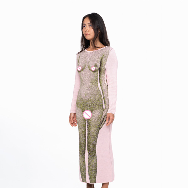 2021 Summer Women's New Fashion 3D Body Print Round Neck Long Sleeve European Style Slim Dress