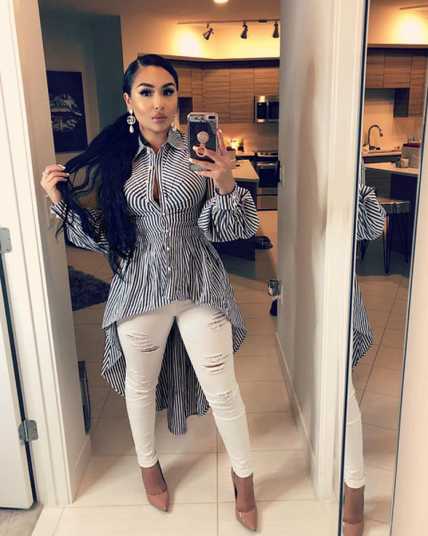 2021 autumn and winter striped print long and short shirt waist irregular swing skirt