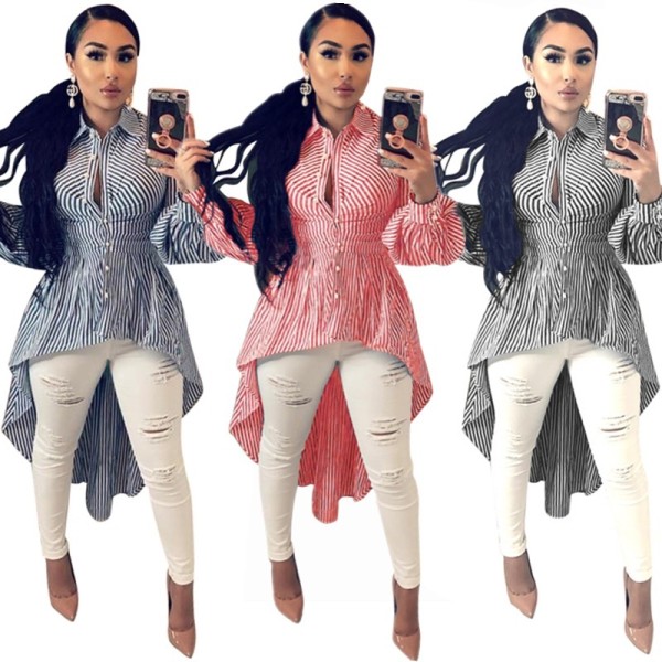 2021 autumn and winter striped print long and short shirt waist irregular swing skirt
