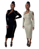 Autumn and winter new women's fashion pit strip solid color zipper dress