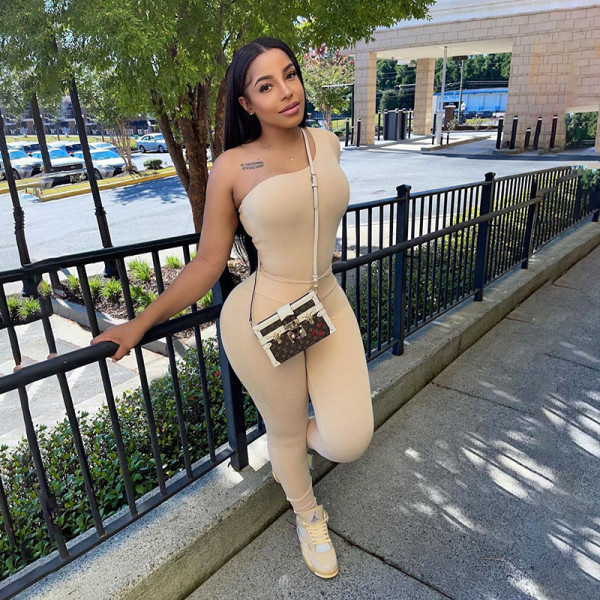 2021 autumn women's new sexy sloping shoulder one-sleeve tight-fitting jumpsuit casual trouser suit women
