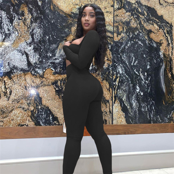 2021 autumn women's new sexy hollow low-cut high-waist hip-hip long-sleeved casual sports jumpsuit