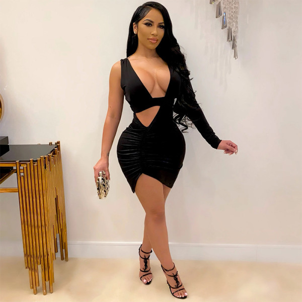 New hot style deep V-neck hollow long-sleeved irregular high-waist pleated sexy dress M3003