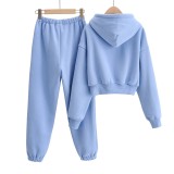Autumn and winter models plus velvet pocket hooded short sweater women + solid color high waist loose leggings harem trousers two-piece suit