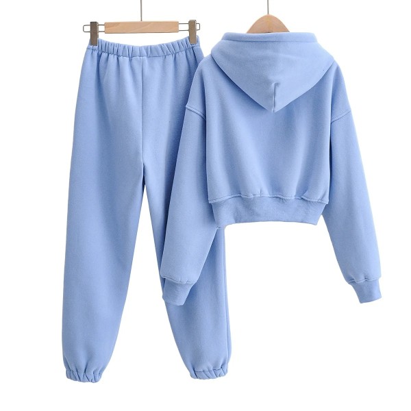 Autumn and winter models plus velvet pocket hooded short sweater women + solid color high waist loose leggings harem trousers two-piece suit