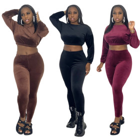 Korean fleece trousers suit autumn and winter waist long-sleeved short top suit