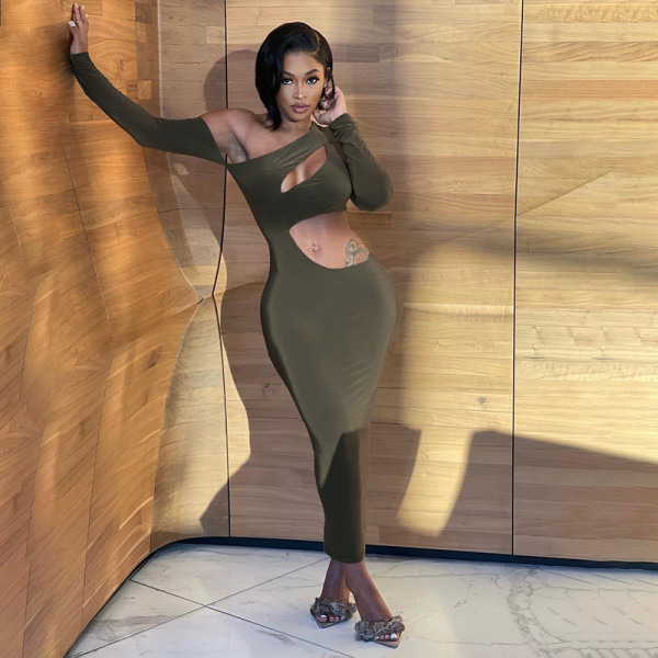 2021 Fall/Winter Women's New Fashion Sexy Slanted Shoulder Hollow Long Sleeve Pure Color Thin Dress