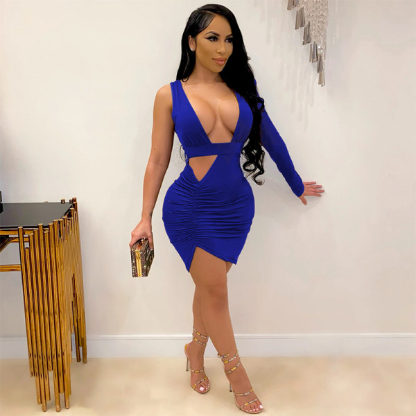 New hot style deep V-neck hollow long-sleeved irregular high-waist pleated sexy dress M3003
