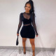 Women's 2021 autumn and winter new long-sleeved solid color mesh stitching sexy hip dress