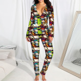 Printed cartoon element pajamas open jumpsuit