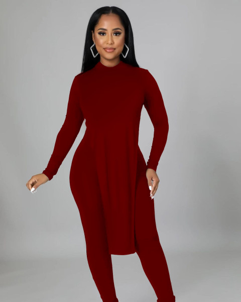 Women's clothing solid color sexy open back irregular long-sleeved two-piece suit with chain