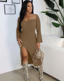 Spring and winter solid color split slim pit dress