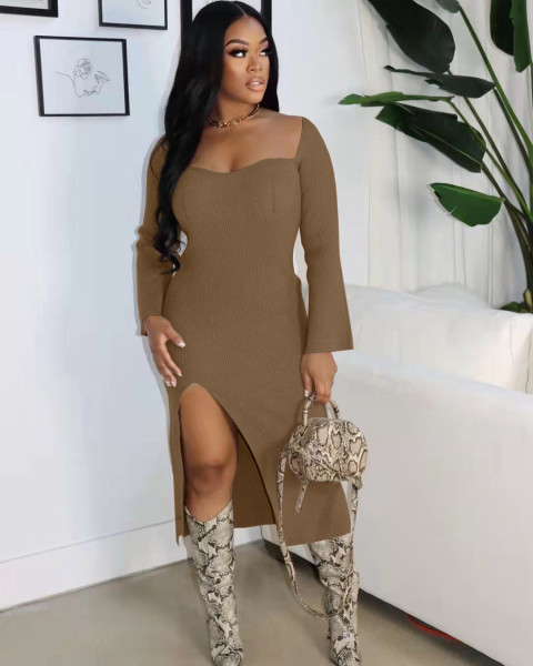 Spring and winter solid color split slim pit dress