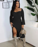 Spring and winter solid color split slim pit dress