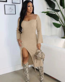 Spring and winter solid color split slim pit dress