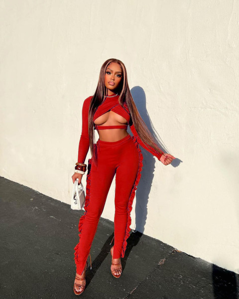 Women's solid color sexy cross-cutting wooden ear sports suit two-piece
