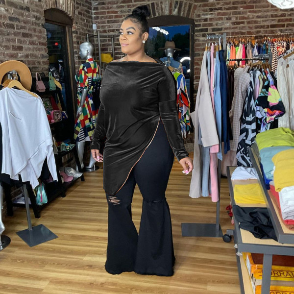 Plus size women's clothing flat shoulder zipper velvet top