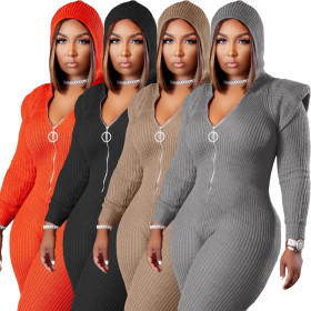 Plus size women's fashion knit woolen pad shoulder strap hooded jumpsuit