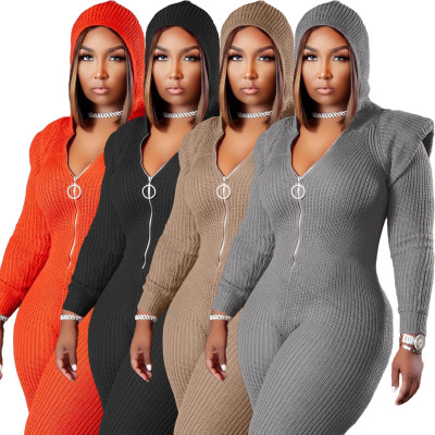 Plus size women's fashion knit woolen pad shoulder strap hooded jumpsuit