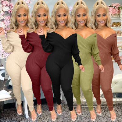 Big V-neck strapless thread Slim sexy solid color jumpsuit