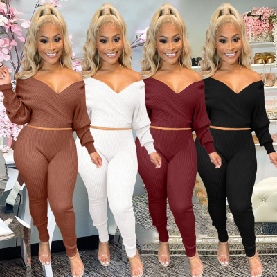 Women's clothing solid color pit strip thread big V-neck strapless sexy two-piece suit