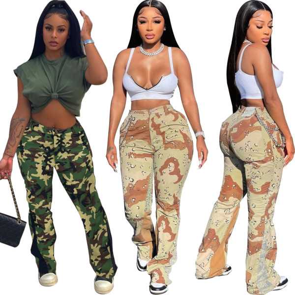 Camouflage stitching bell bottom pants