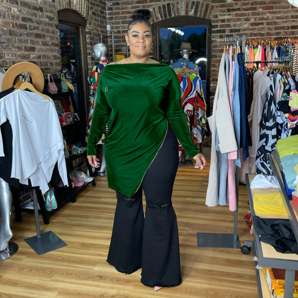 Plus size women's clothing flat shoulder zipper velvet top