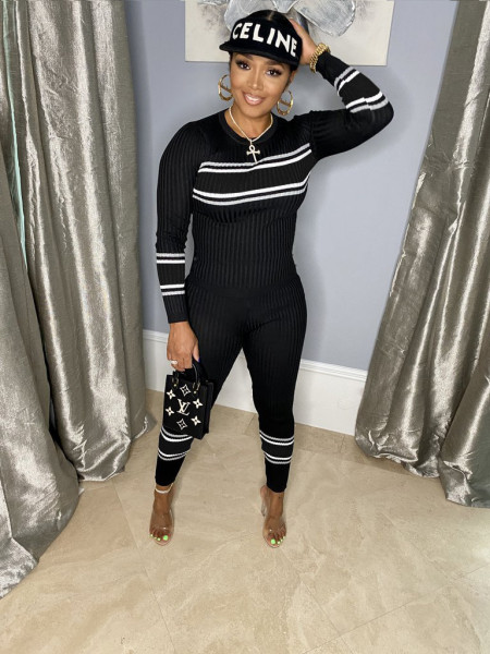 Women's fashion sexy round neck stitching slim casual pants suit suit