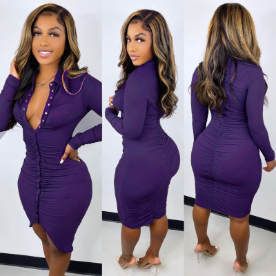 Sexy button irregular pleated long-sleeved women's dress