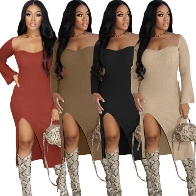 Spring and winter solid color split slim pit dress