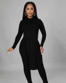 Women's clothing solid color sexy open back irregular long-sleeved two-piece suit with chain