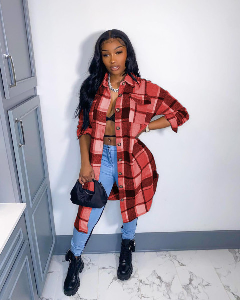Women's fashion hot sale classic plaid shirt woolen long coat