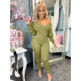 Big V-neck strapless thread Slim sexy solid color jumpsuit