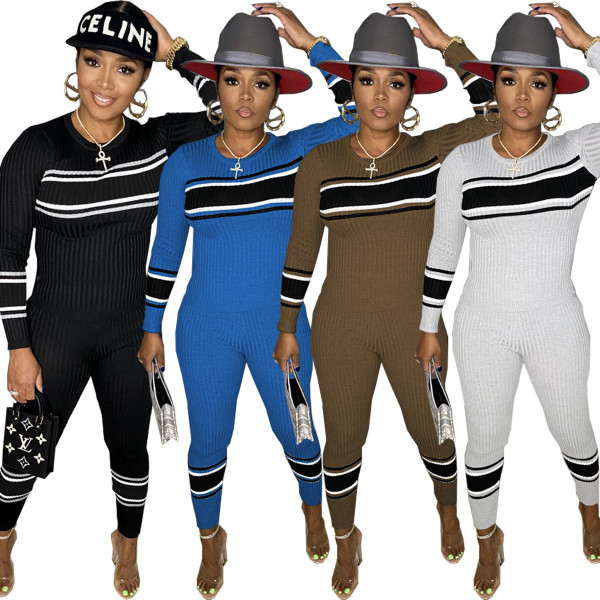 Women's fashion sexy round neck stitching slim casual pants suit suit