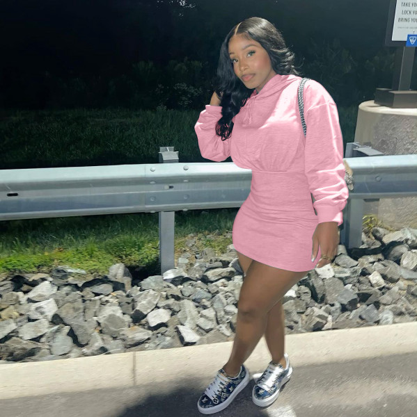 Autumn and winter models Pure color cotton sweater hooded mini dress