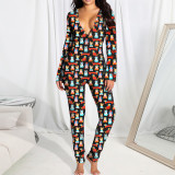Printed cartoon element pajamas open jumpsuit
