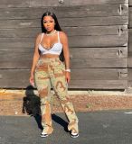 Camouflage stitching bell bottom pants