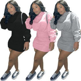 Autumn and winter models Pure color cotton sweater hooded mini dress