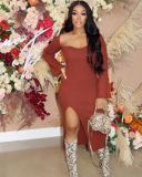 Spring and winter solid color split slim pit dress