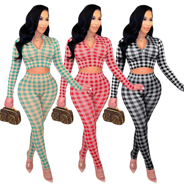 2021 autumn and winter new plaid printed sports tights suit