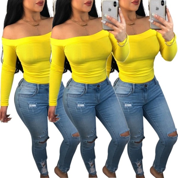 Women's autumn and winter models of solid color sexy temperament hedging one-neck long-sleeved T-shirt top