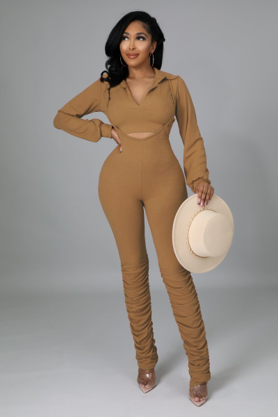 Pure color sling pleated tight-fitting two-piece suit