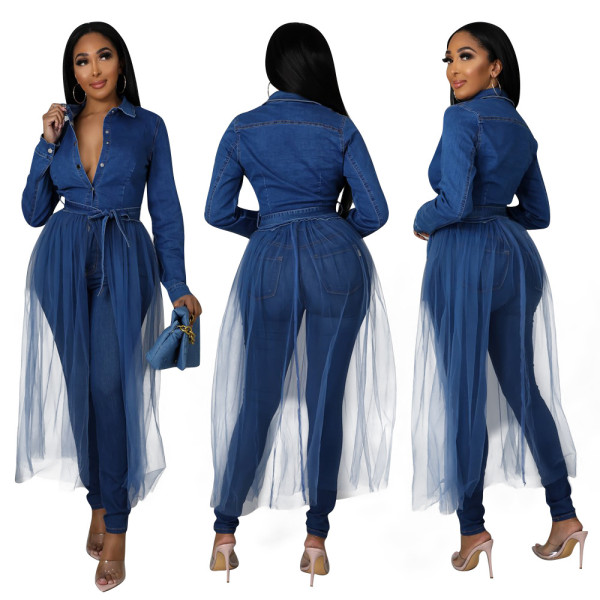 Women's high-elastic washed denim stitching mesh jacket long trench coat