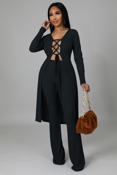 Women's,autumn,and,winter,nightclub,solid,color,pit,striped,lace,cardigan,flared,pants,two-piece,suit