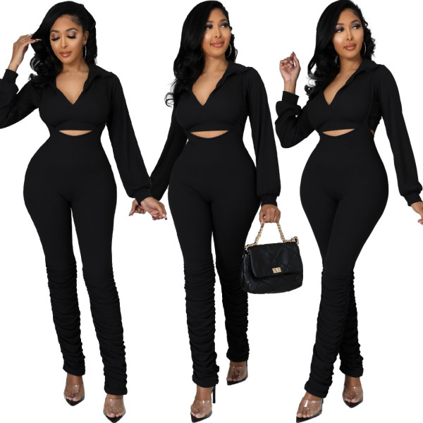 Pure color sling pleated tight-fitting two-piece suit