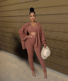 Women's solid color high elastic pits piled sleeves jacket single button three-piece suit