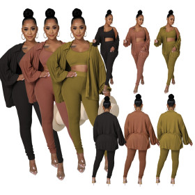 Women's solid color high elastic pits piled sleeves jacket single button three-piece suit